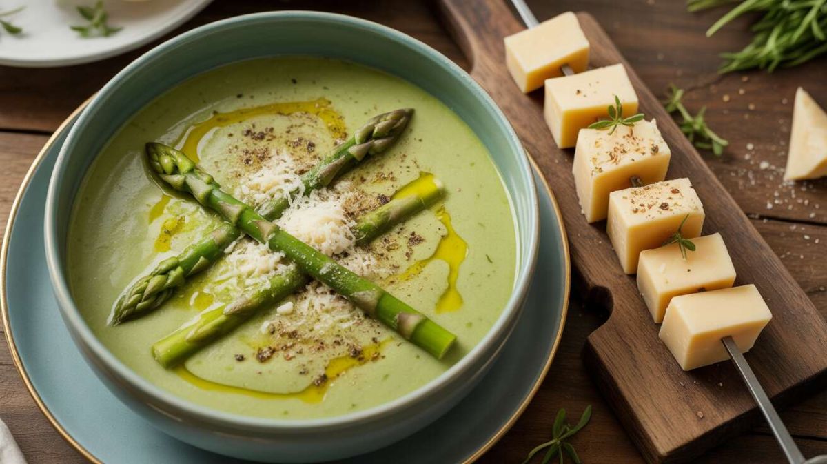 Un velouté d’asperges vertes et sa brochette de fromage frais