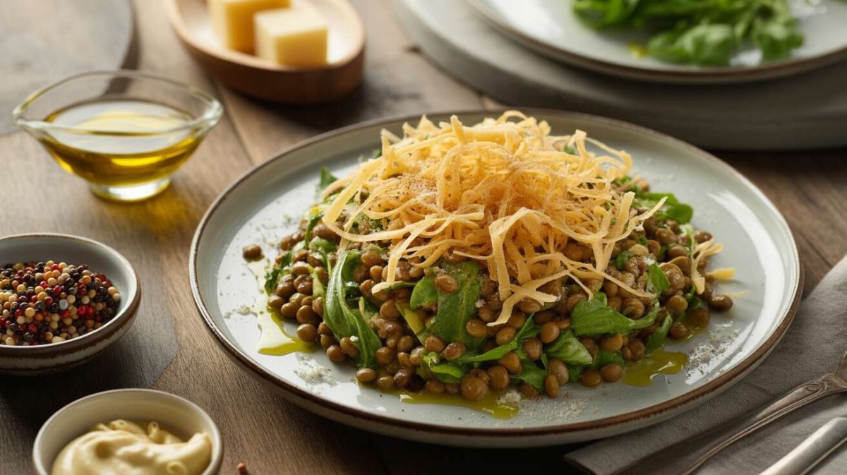 Une salade de lentilles gourmande aux croustillants d'emmental