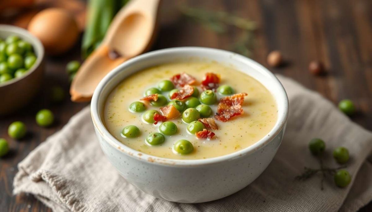 Une soupe de petits pois revisitée avec des lardons croustillants