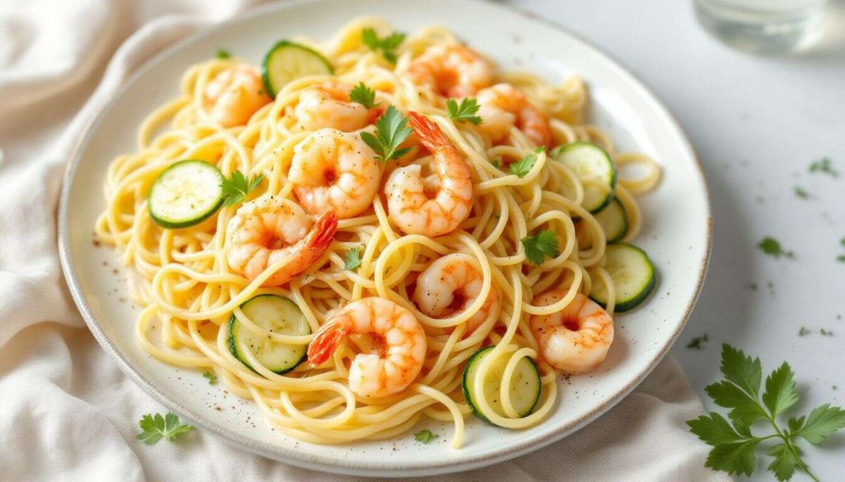 Une recette facile : pâtes aux crevettes et courgettes